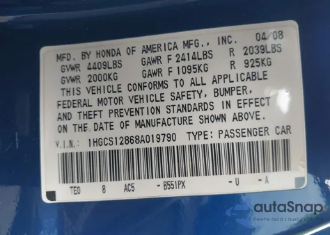 2008 Honda Accord 2.4 Ex-L from USA, damaged, VIN 1HGCS12868A019790
